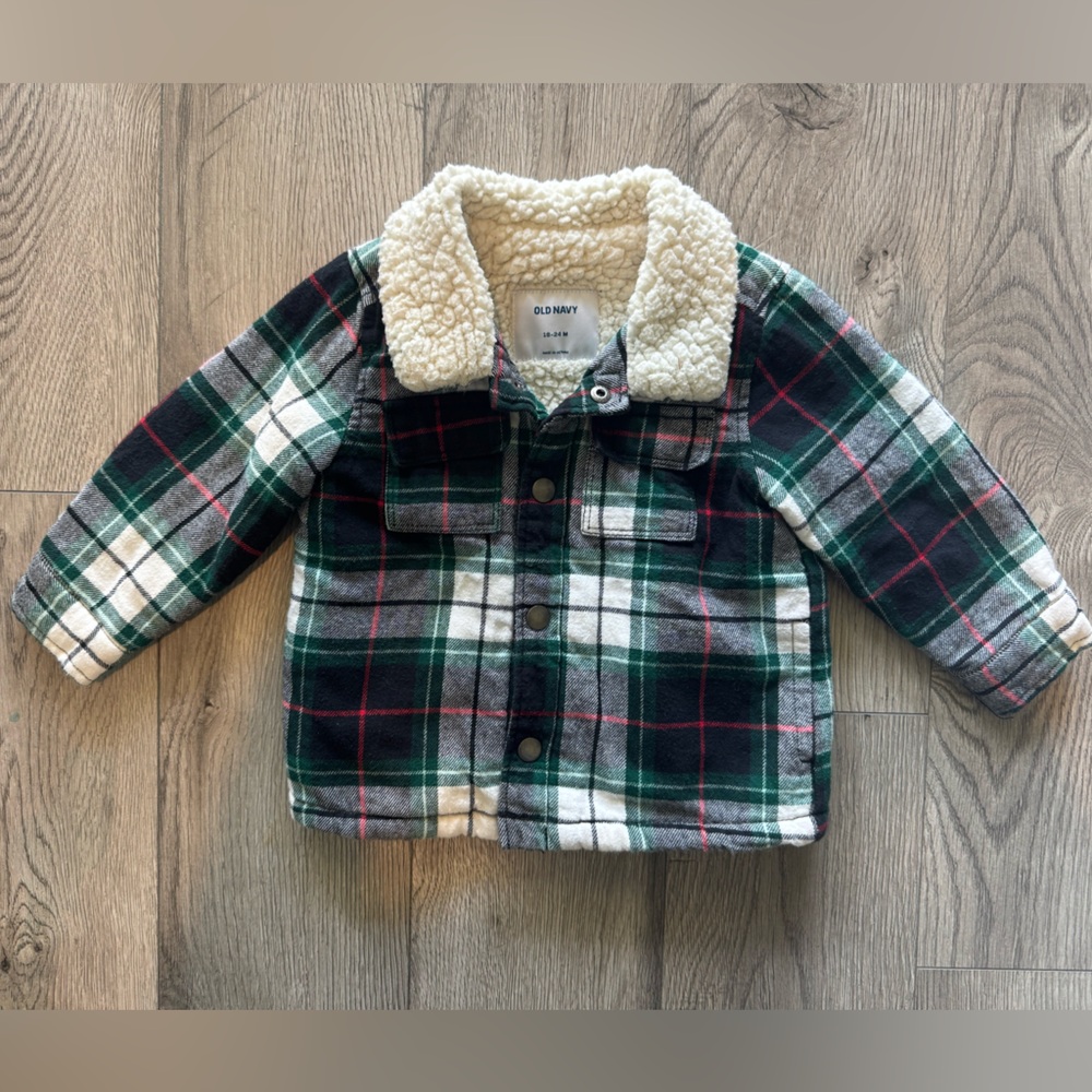 Old Navy Green and Black Plaid Sherpa Jacket